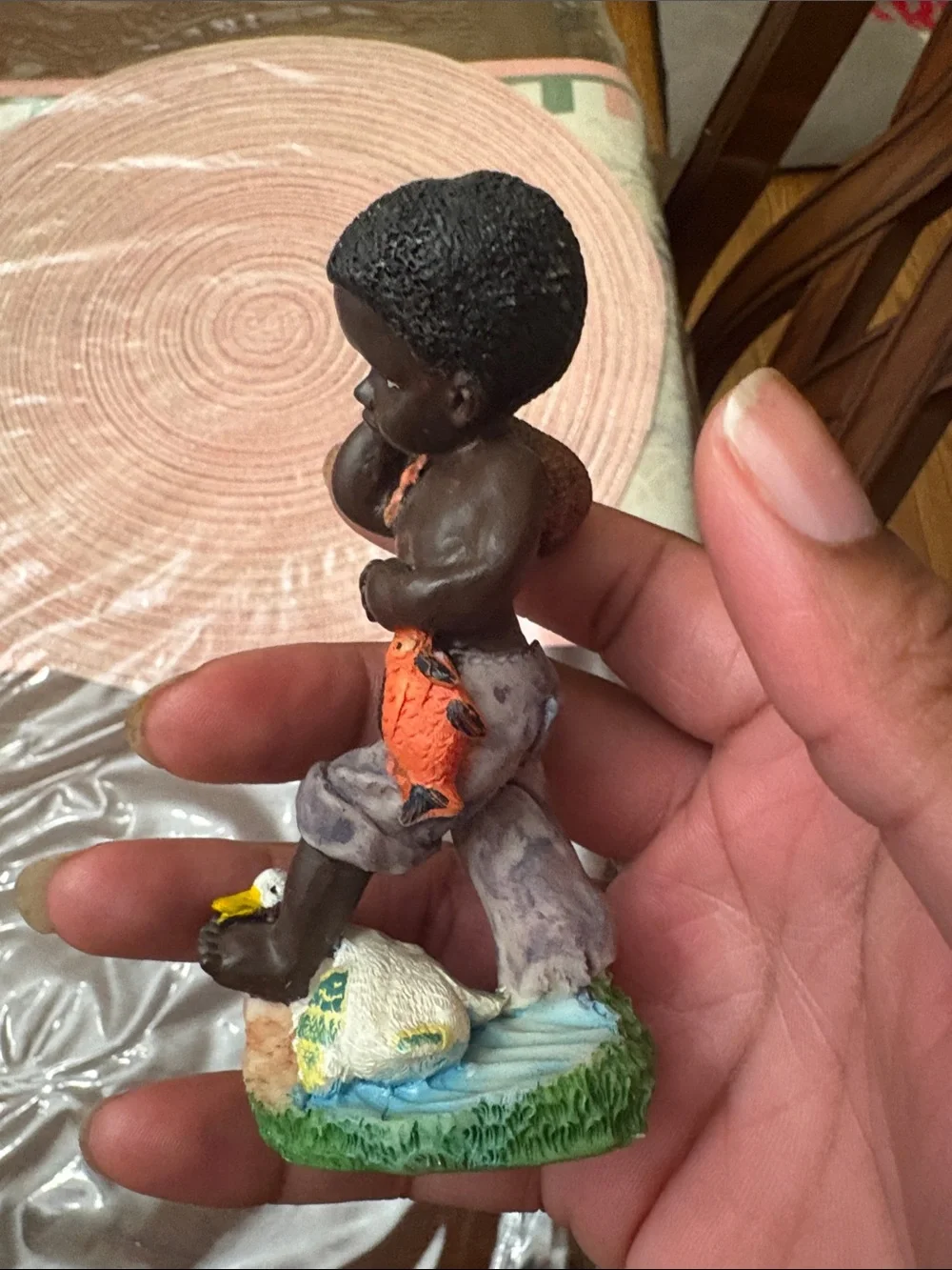 Vintage African American Boy Fishing with Duck Resin Figurine